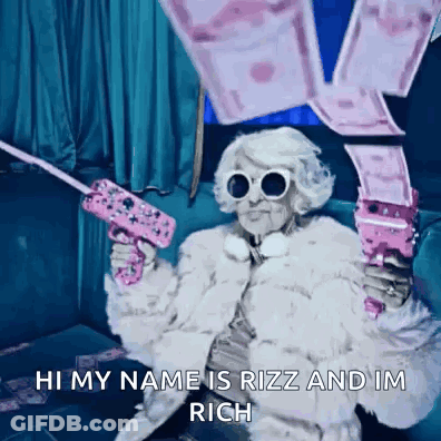 Elderly Woman In Fur Coat Holding Pink Gun Says Hi My Name Is Rizz And I'm Rich GIF