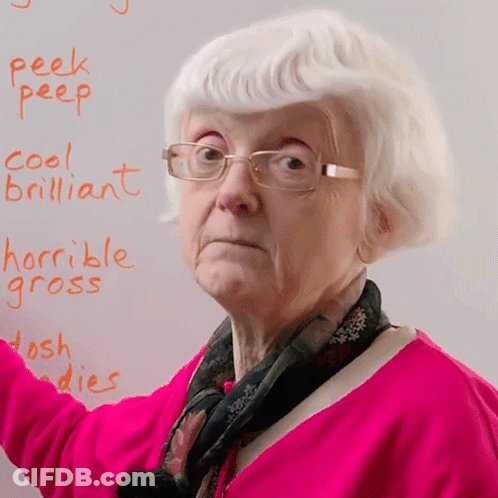 Elderly Woman Pointing At Board: Peek Peep Cool Brilliant Horrible Gross GIF