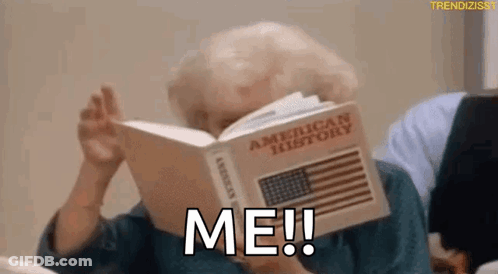 Elderly Woman Reading American History Book Covering Face GIF