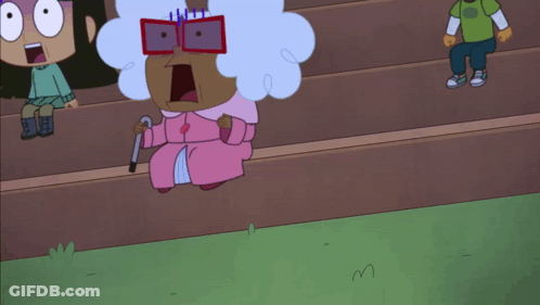 Elderly Woman Sitting On Bleacher Next To Peanut GIF