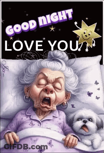Elderly Woman Sleeping With Dog Saying Good Night Love You GIF