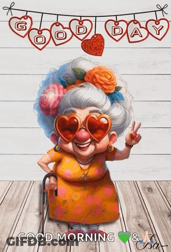 Elderly Woman With Heart Glasses And Cane Giving Peace Sign GIF