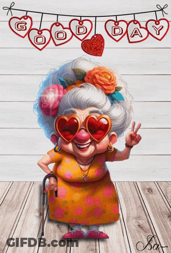 Elderly Woman With Heart Glasses And Cane GIF