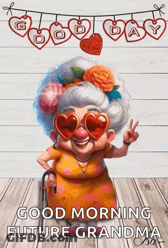 Elderly Woman With Heart Sunglasses And Cane GIF