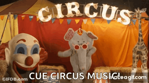 Elephant And Clown Dancing At Circus Sign GIF