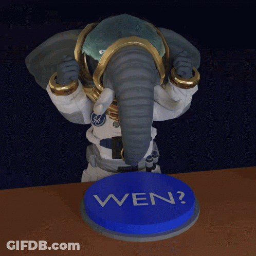 Elephant Statue Standing Next To Blue Button Saying Wen GIF
