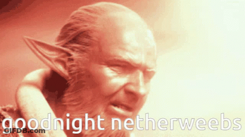 Elf Statue Saying Goodnight Netherweebs On Red Background GIF
