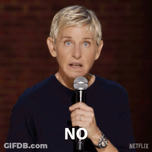 Ellen Degeneres Is Holding A Microphone With The Word No On It GIF