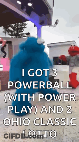 Elmo And Cookie Monster Are Dancing In Front Of A Sign That Says I Got 3 Powerball GIF