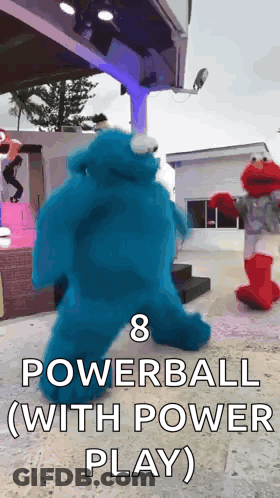 Elmo And Cookie Monster Are Dancing Together With The Words Powerball With Power Play GIF