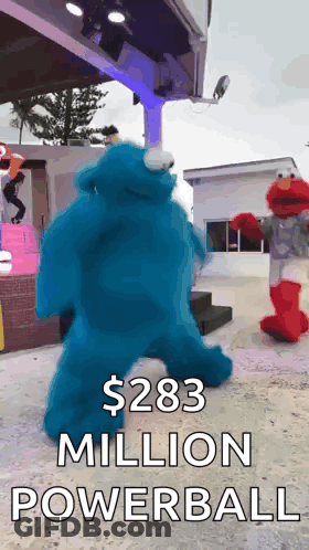 Elmo And Cookie Monster Are Dancing With The Words $ 283 Million Powerball GIF