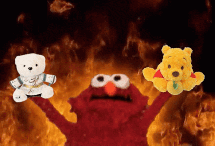 Elmo Fire Holding Two Teddy Bears GIF