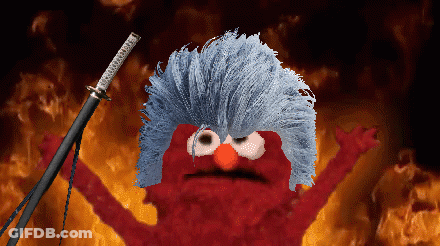 Elmo From Sesame Street Holding A Sword In Front Of A Fire Background GIF