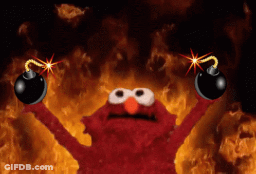 Elmo From Sesame Street Holding Two Bombs In Front Of A Fire Background GIF