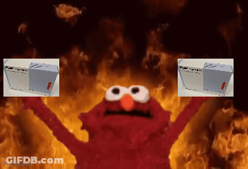 Elmo From Sesame Street Is Holding Up Two Boxes In Front Of A Fire Background GIF