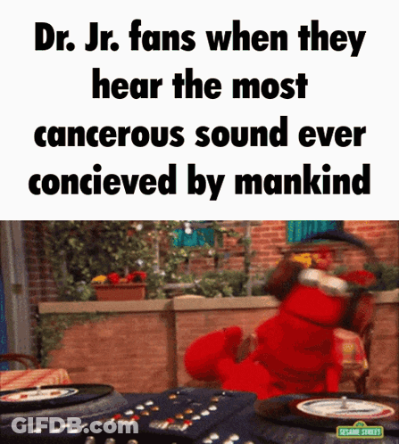 Elmo From Sesame Street Is Playing A Record On A Turntable With A Caption That Says Dr. Jr. Fans GIF