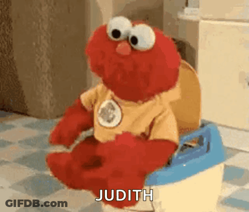 Elmo From Sesame Street Is Sitting On A Potty And Says Judith . GIF