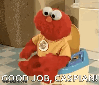 Elmo From Sesame Street Is Sitting On A Potty With The Words `` Good Job , Caspian ! '' GIF