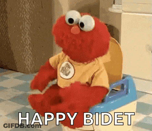 Elmo From Sesame Street Is Sitting On A Potty With The Words Happy Bidet Below Him GIF