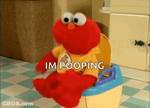 Elmo From Sesame Street Is Sitting On A Potty With The Words Im Pooping Above Him GIF