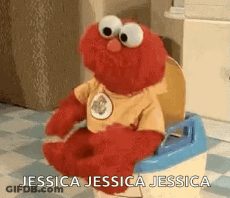 Elmo From Sesame Street Is Sitting On A Potty With The Words `` Jessica Jessica Jessica '' Written On It . GIF