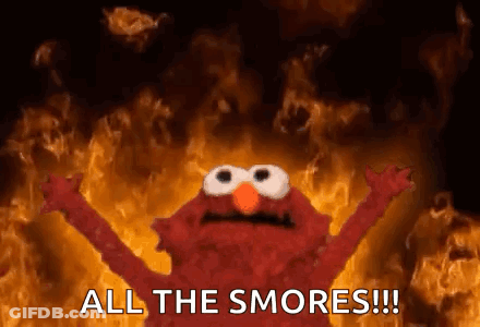 Elmo From Sesame Street Is Standing In Front Of A Fire And Says `` All The Smores !! '' GIF