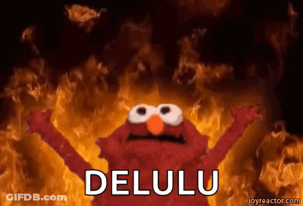 Elmo From Sesame Street Is Standing In Front Of A Fire And Says `` Delulu '' . GIF