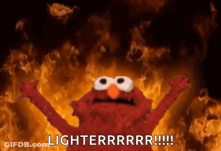 Elmo From Sesame Street Is Standing In Front Of A Fire And Says `` Lighterrrrr '' . GIF