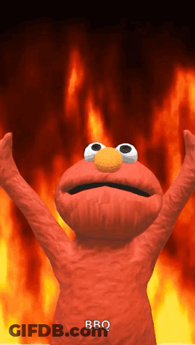 Elmo From Sesame Street Is Standing In Front Of A Fire With His Arms In The Air GIF