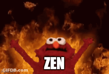Elmo From Sesame Street Is Standing In Front Of A Fire With The Word Zen Above Him GIF
