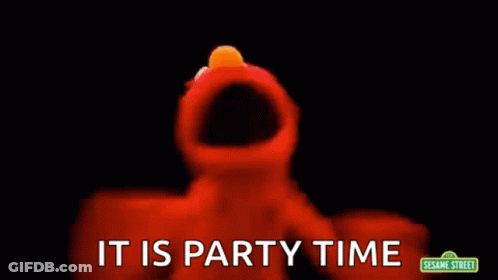 Elmo From Sesame Street Says It Is Party Time In A Dark Room . GIF