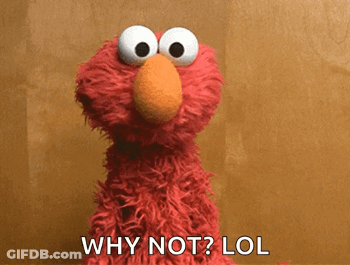 Elmo From Sesame Street Says " Why Not Lol " In Front Of A Brown Background GIF