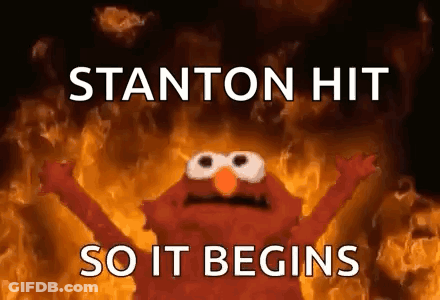 Elmo From Sesame Street Standing In Front Of Fire Saying Stanton Hit So It Begins GIF