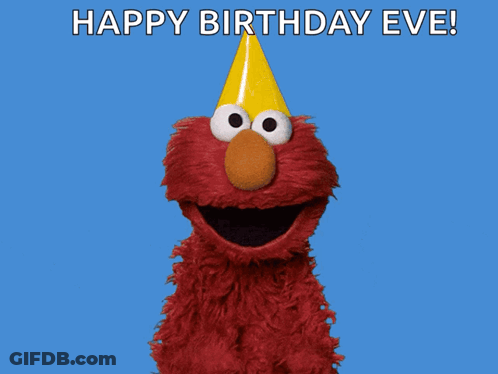 Elmo From Sesame Street Wearing A Yellow Party Hat With The Words Happy Birthday Eve Below Him GIF