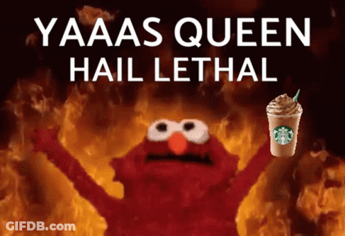 Elmo Is Holding A Starbucks Drink In Front Of Flames GIF