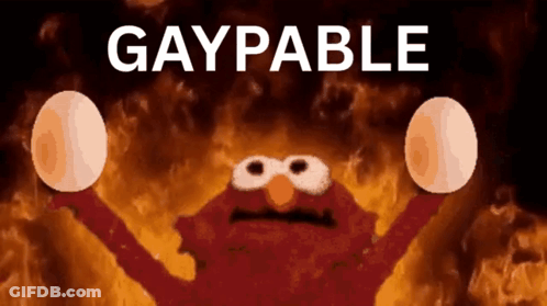 Elmo Is Holding Two Eggs In Front Of A Fire And The Words Gaypable GIF