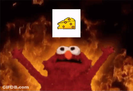 Elmo Is Holding Up His Arms In Front Of A Piece Of Cheese GIF