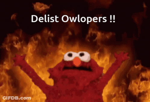 Elmo Is On Fire With The Words Delist Owlopers On The Bottom GIF