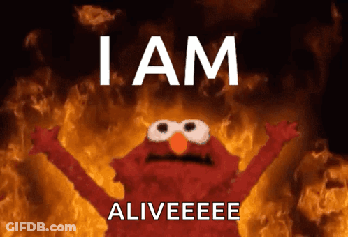 Elmo Is On Fire With The Words I Am Aliveee GIF