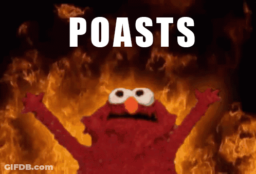 Elmo Is On Fire With The Words Poasts Written Above Him GIF