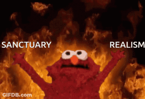 Elmo Is Standing In Front Of A Fire With The Words Sanctuary And Realism Written Above Him GIF