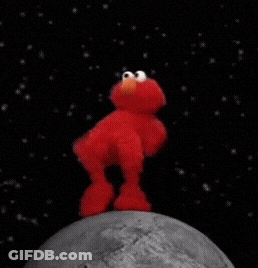 Elmo Is Standing On The Moon Holding A Planet In His Hands GIF