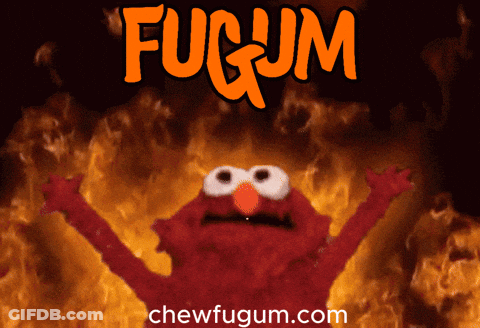 Elmo Is Surrounded By Flames And Says Fugum On The Top GIF