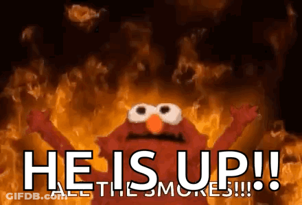Elmo Is Surrounded By Flames And Says He Is Up All The Smores !!! GIF