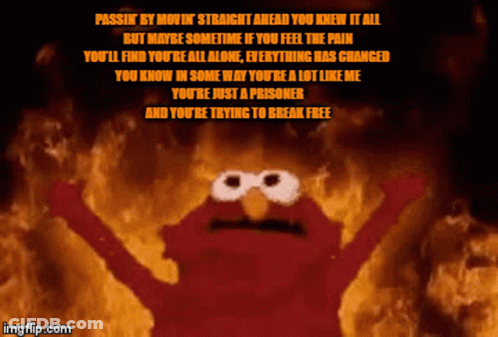 Elmo Is Surrounded By Flames And Says " Passin ' By Mouth " GIF