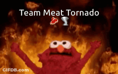 Elmo Is Surrounded By Flames And The Words Team Meat Tornado GIF