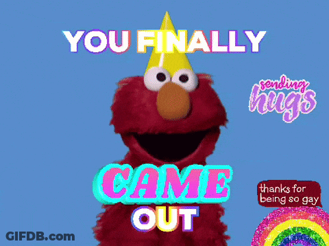 Elmo Says " You Finally Came Out " In Front Of A Blue Background GIF