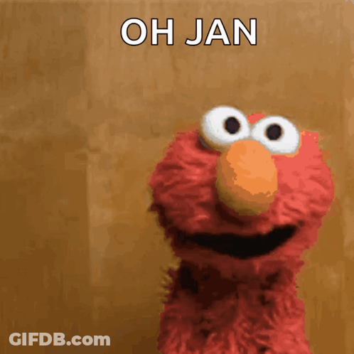 Elmo Sesame Street Saying Oh Jan In Front Of Brown Wall GIF