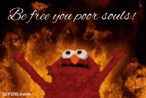 Elmo Standing In Fire Saying Be Free You Poor Souls GIF