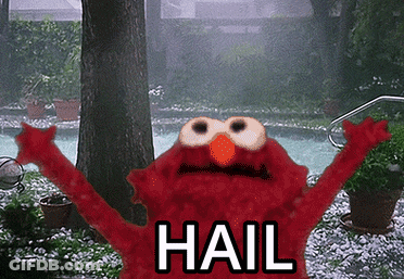Elmo Standing In Rain With Arms Outstretched Saying Hail GIF
